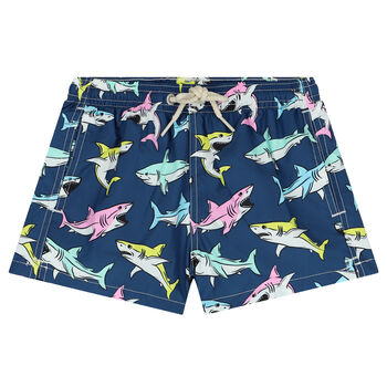 Boys Navy Blue Sharks Swim Shorts